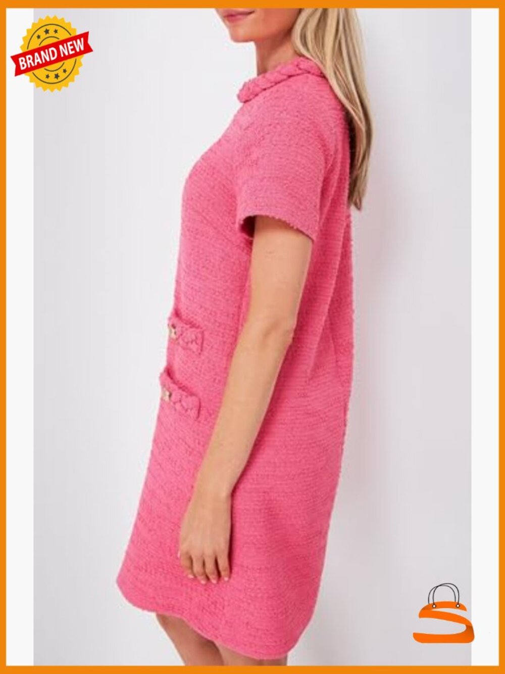 Tweed Jackie Dress - Short Sleeve, Crew Neck, Button Detail Bodycon Mini - Picture 5 of 7